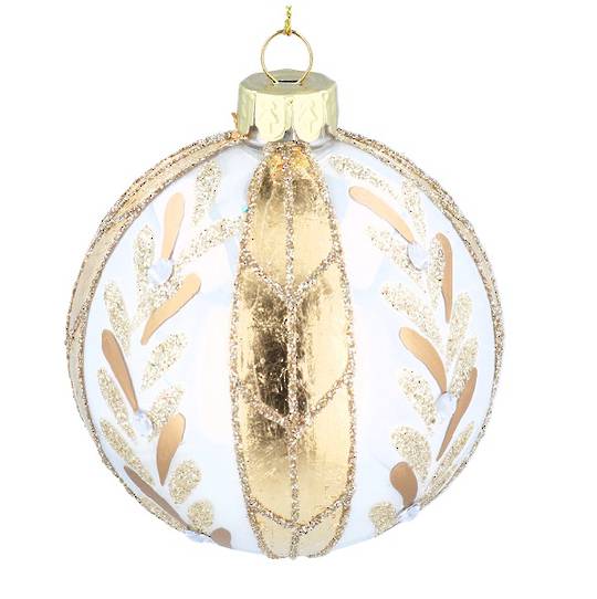 INDENT - Pack 12, Glass Ball White, Gold Leaf Vine Stripes 8cm
